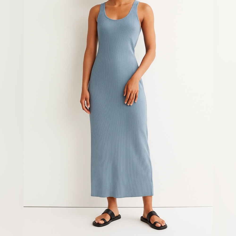 H&M Blue Gray Ribbed Cross Back Maxi Dress Size M
